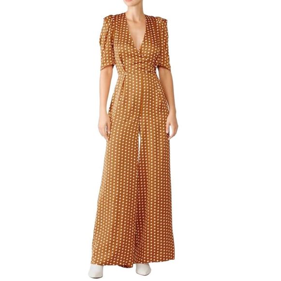 MINKPINK Caramel & White Polka Dot 3/4 Puff Sleeve Wide Leg Pant Jumpsuit - Picture 1 of 15